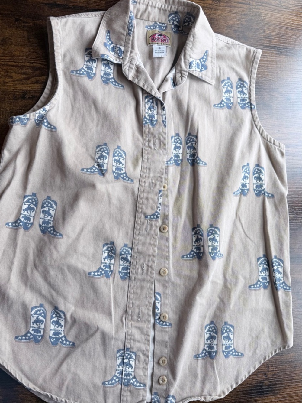 Vintage Barn Fly sleeveless shirt with blue cowboy boots